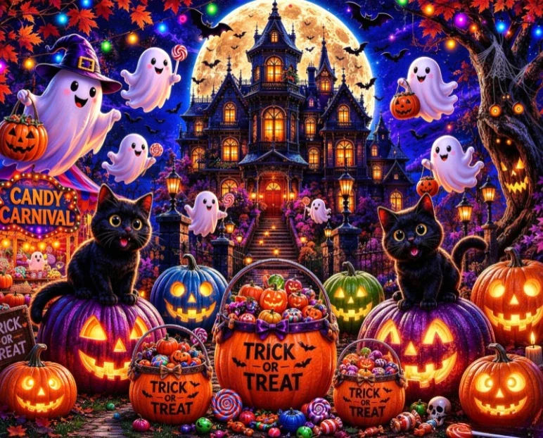 Jigsaw Puzzle 500/1000/1200/2000PCS Halloween Candy Carnival Ghost Black Cat Glowing Pumpkin Haunted Castle Picture Puzzle