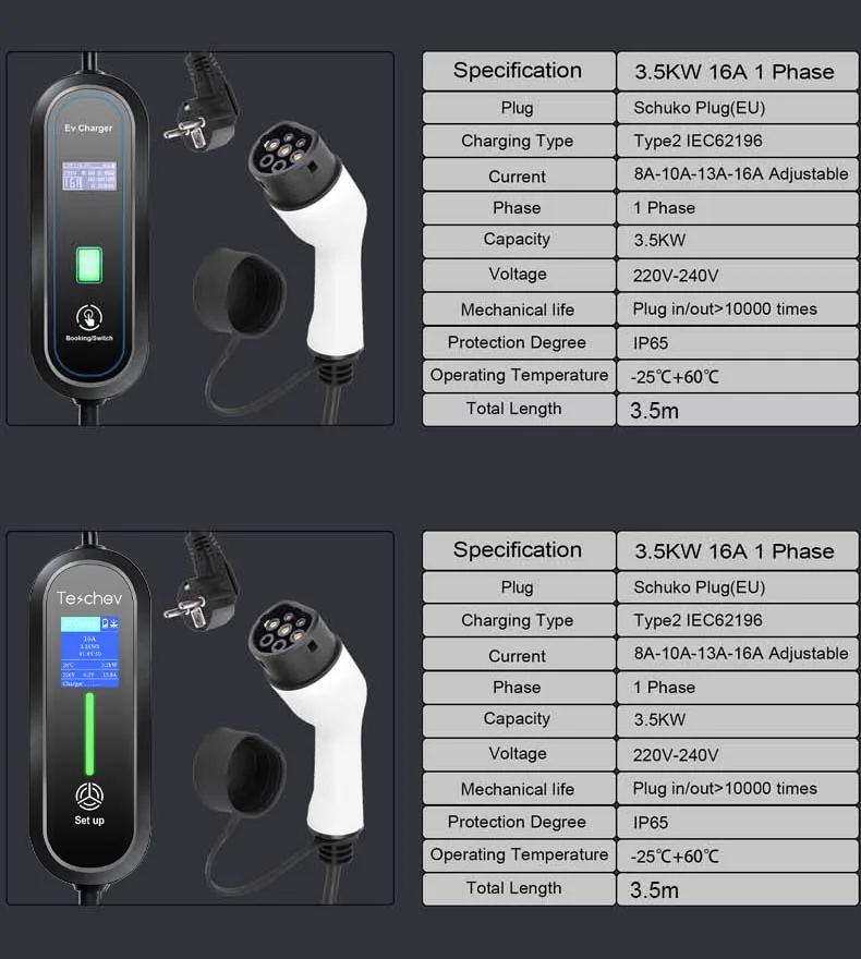 Teschev Portable EV Charger Type2 IEC 62196 Electric Car Charger 3.5KW 16A 1Phase EVSE Fast Charging Wallbox EV Charging Station
