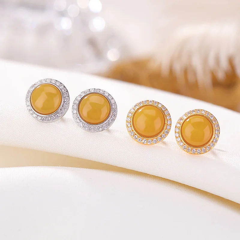 S925 Sterling Silver Gold-Plated Amber Inlaid Round Elegant Geometric Stud Earrings