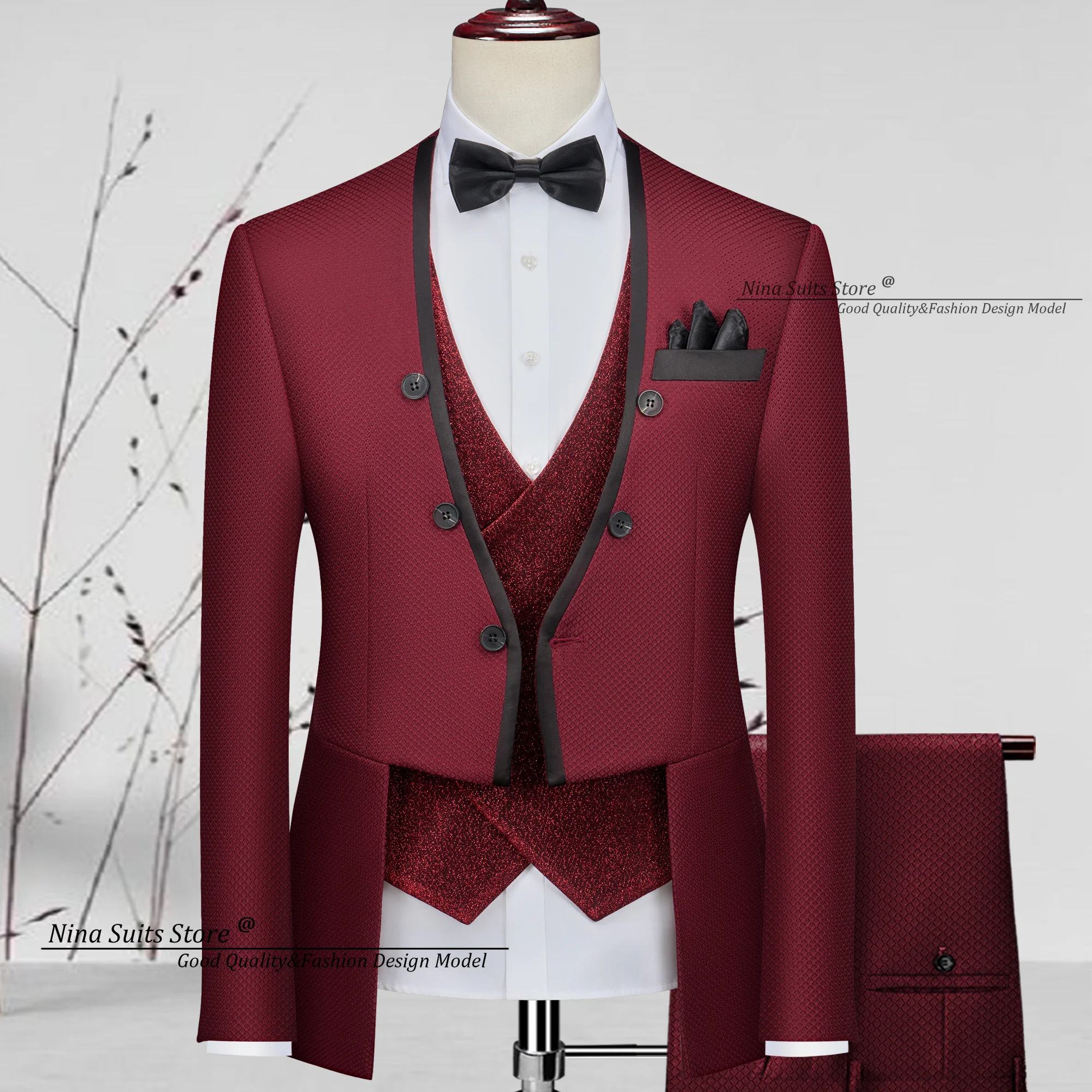 Nina Store Wine Red Geometric Jacquard Tuxedo 3-piece set 2025 Double Breasted Buttons jacket Pants and Glitter Vest Men's Suit