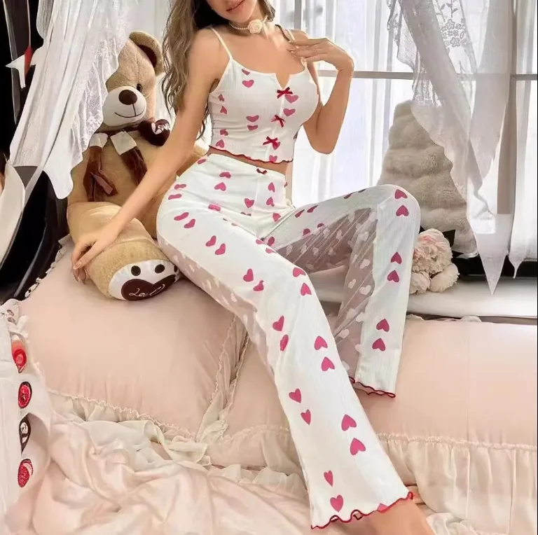

Love Print Contrasting Splicing Mesh Suspender Top, High Waist Straight Leg Pants Pajama Set, Women's Summer Home 2-Piece Set