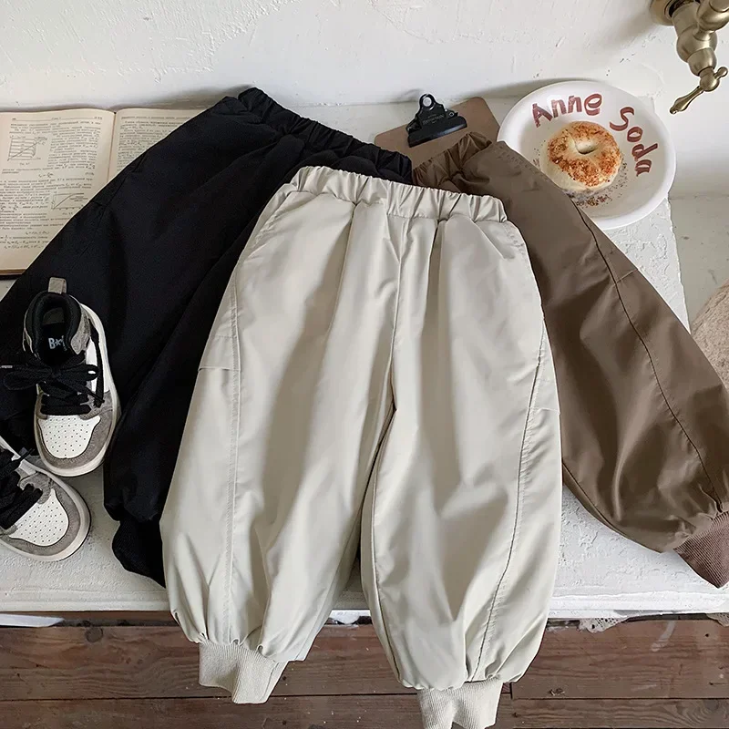 

Korean Children Clothes 2025 Winter Thickened Warm Pants Loose Versatile Trousers Solid Color Cropped Pants