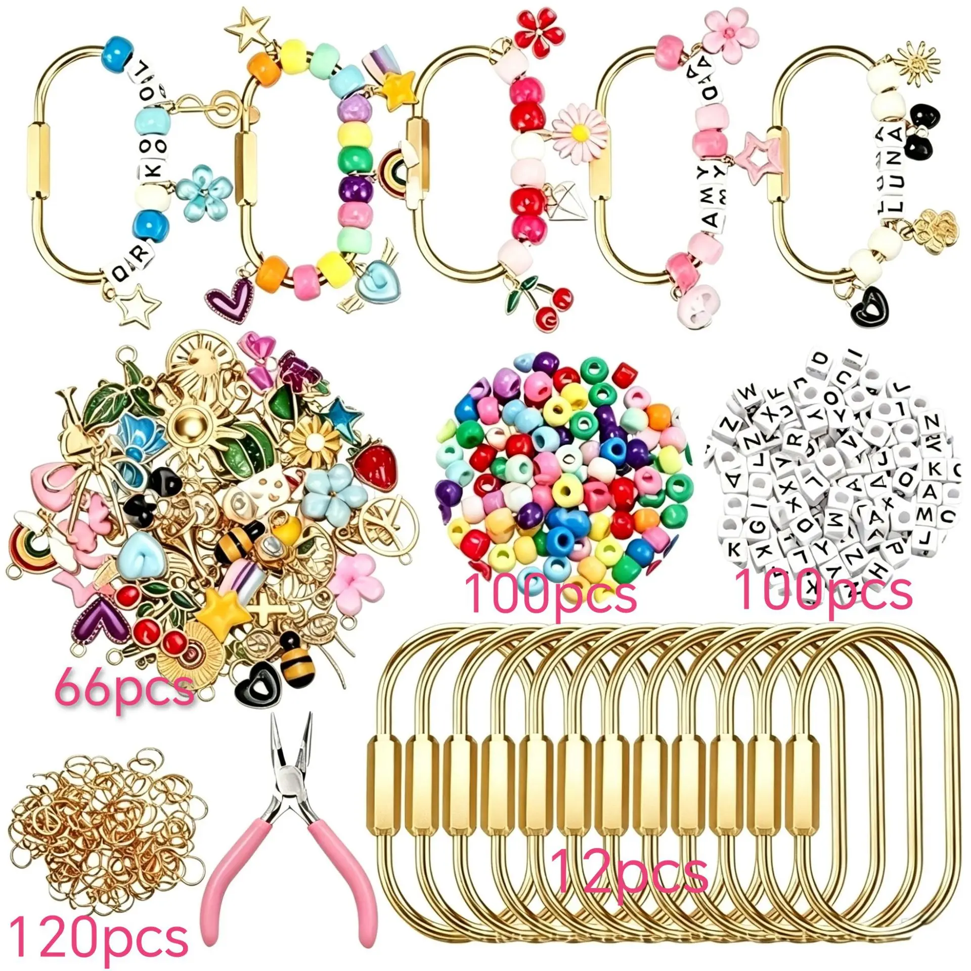 398Pcs Brass Hexagon Keychain Beads Set Dopamine Cylinder Beads Creative DIY Bag Charm Making Kit Handmade Jewelry Sewing Craft