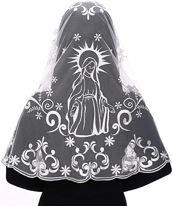 Embroidery Spanish Traditioanl Triangle Scarf Black and White Christian Church Veils for Women