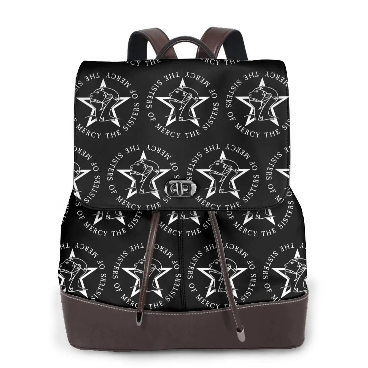 Round Text Logo Goth The Sisters Of Mercy Women Soft Leather Backpack Multi Pockets Work Travel Ladies Casual Rucksack