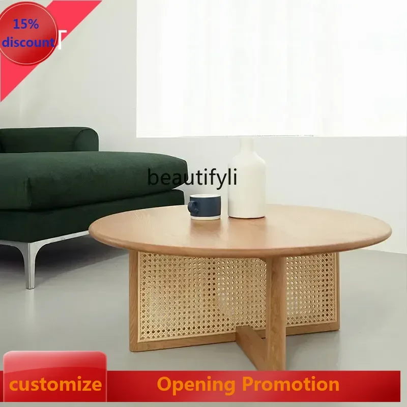 

cn8617 LHY Nordic Coffee Table Living Room Side Table Combination Solid Wood Rattan Small Apartment round Tea Table