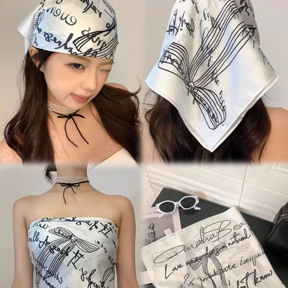 

Elegant Sweet Y2k Print Turban Bow Chest Scarf Printed Headscarf Headband Neckchief Small Square Scarf Vacation
