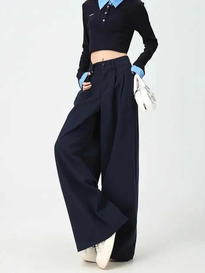 

Woolen Trousers Women Autumn Winter Loose Fit High-Waisted Wide-Leg Winter Vintage Casual Trousers Warm Soft