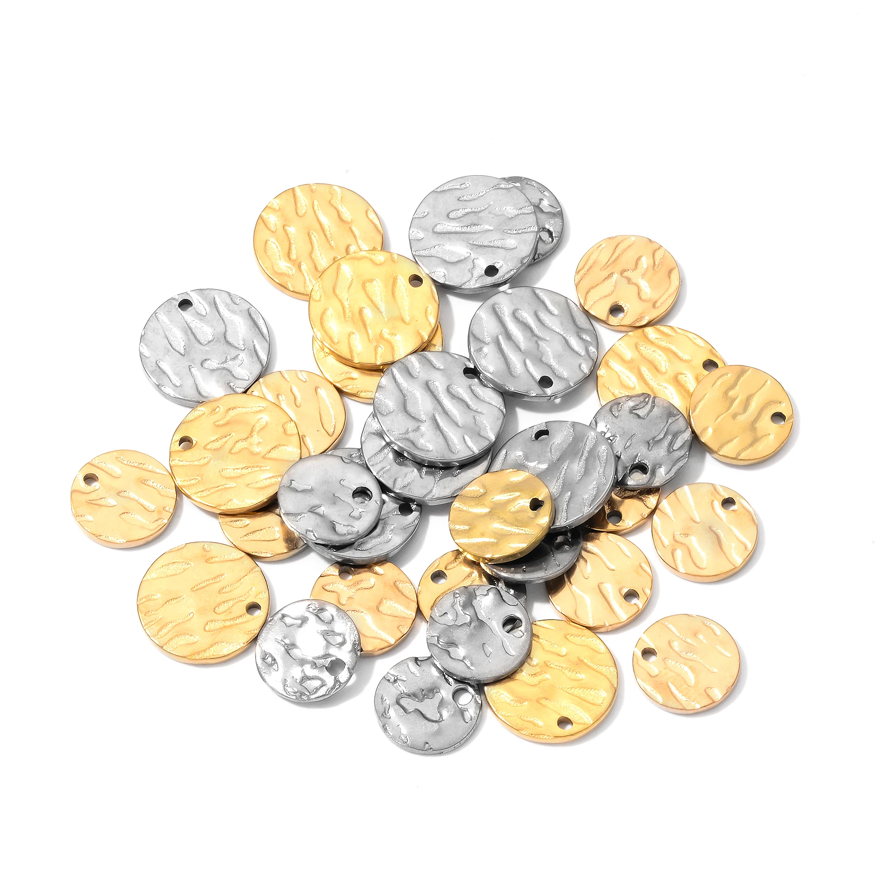 20 Stück/Set 8mm/10mm Goldfarbene Runde Strukturierte Anhänger aus Edelstahl, Runde Leere Münzperlen für DIY-Halsketten- und Armbandherstellung – Detail 5