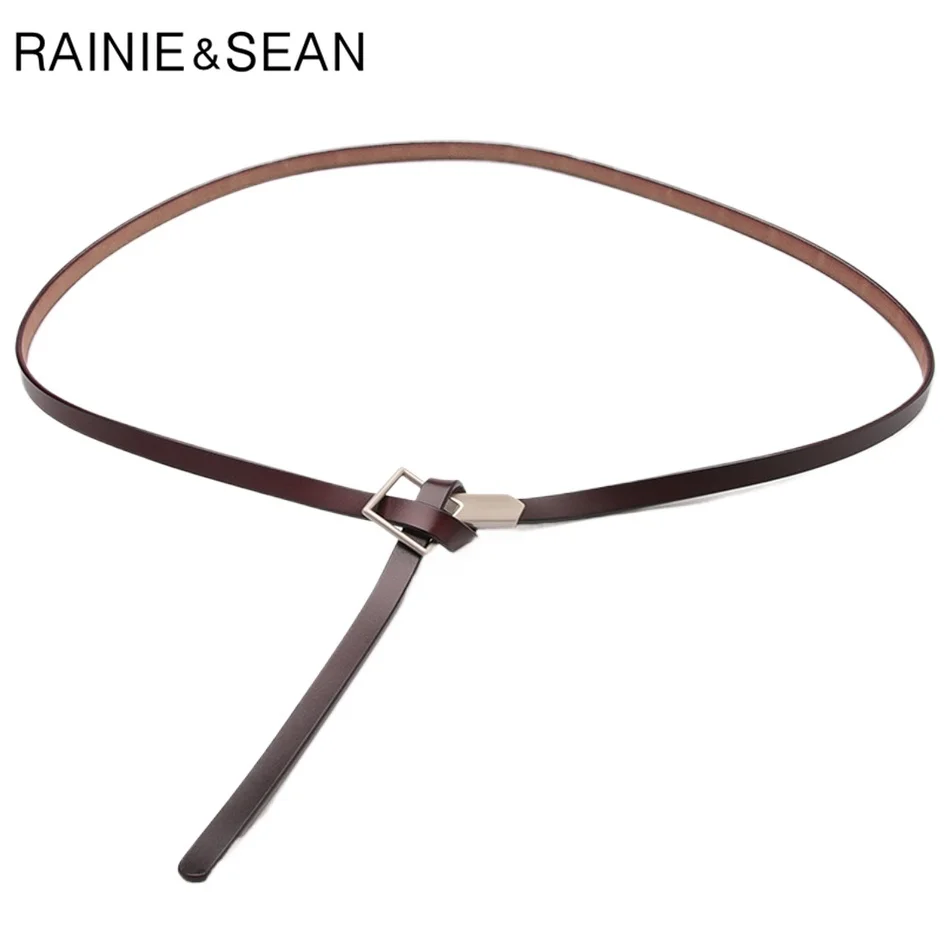 

RAINIE SEAN Coffee Knot Belt Women Real Leather Belt Female Thin Designer Brand Simple Genuine Cow Leather Ladies Dress Belts