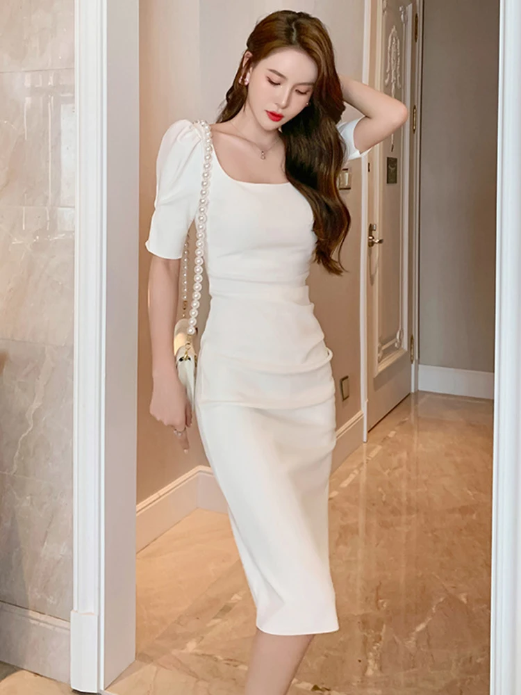Sweet Bodycon Dress Women Simple Elegant Sexy White Black Bubble Sleeve Skinny Midi Dress Backless Gown Holiday Street Vestidos