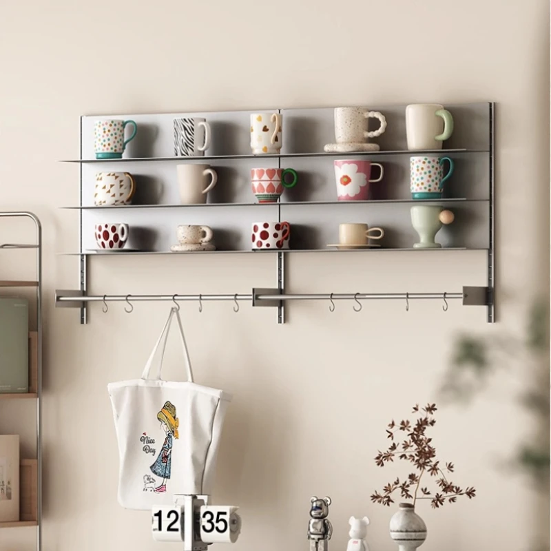 Stainless Steel Wall Mount Cup Rack Coffee Corner Modular Shelf MultiLayer Wall Storage System Interchangeable Rail Display Unit