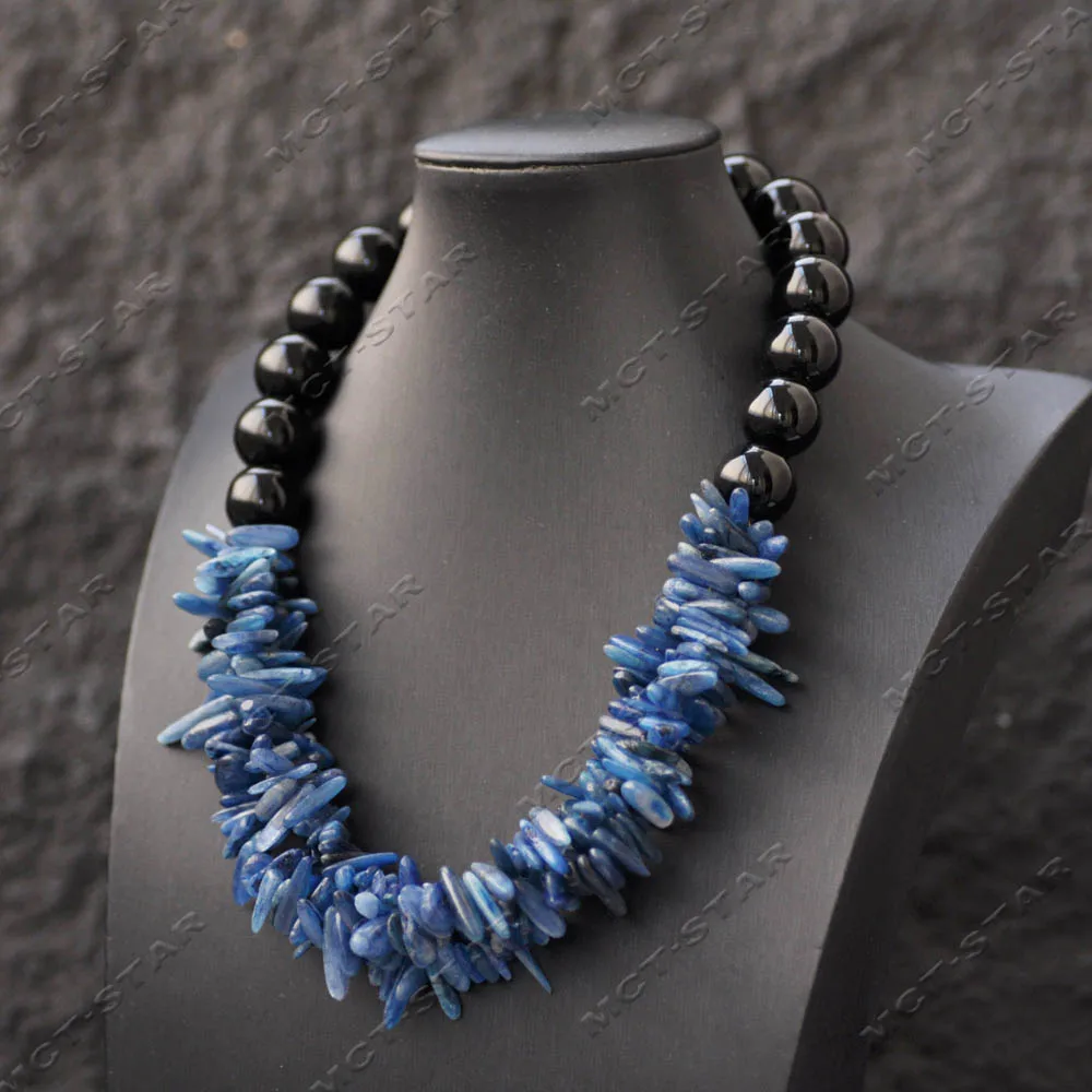 Z14599 3Row 18'' 16mm Natural Blue Toothpick Blue-crystal Black Round Agate Necklace