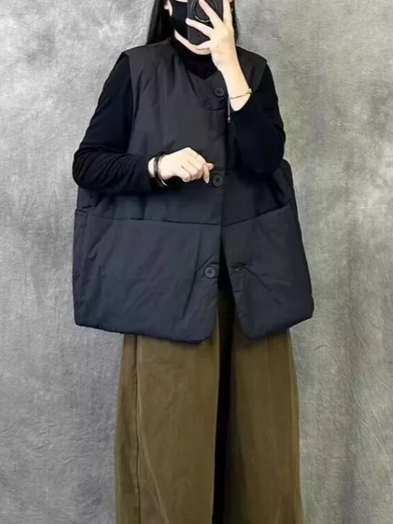 Retro ort Svel Kamizelka Damska Casualowa Ciepła Bawełniana Luźny Krój Plus Size Jesień Zima Odzież Wierzchnia Okrągły Dekolt Pojedyncza B...