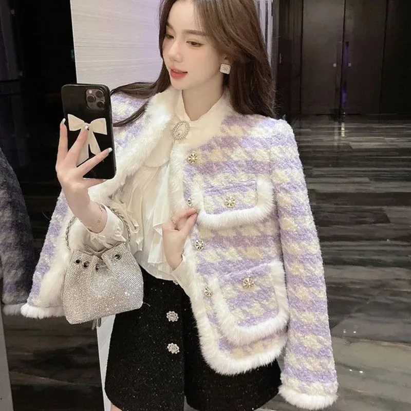 Advanced Female Round Neck Loose Woolen Coat Autumn Winter Ladies Long Sleeves Jacket Women Fashion Patchwork Thickening Outwear