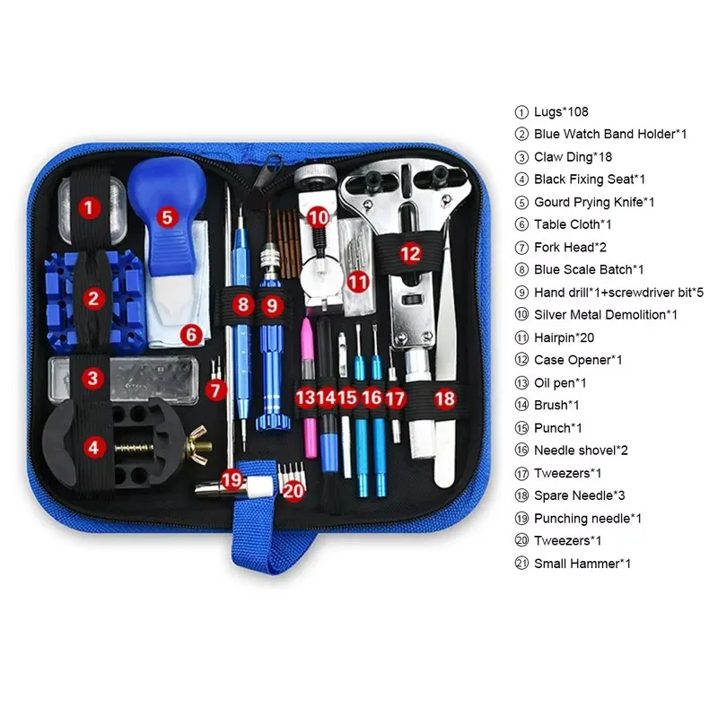 Complete 185-Piece Watch Maintenance Set Including Screwdrivers, Pin Extractors, Pry Tools, and Hammer for Strap Repair and