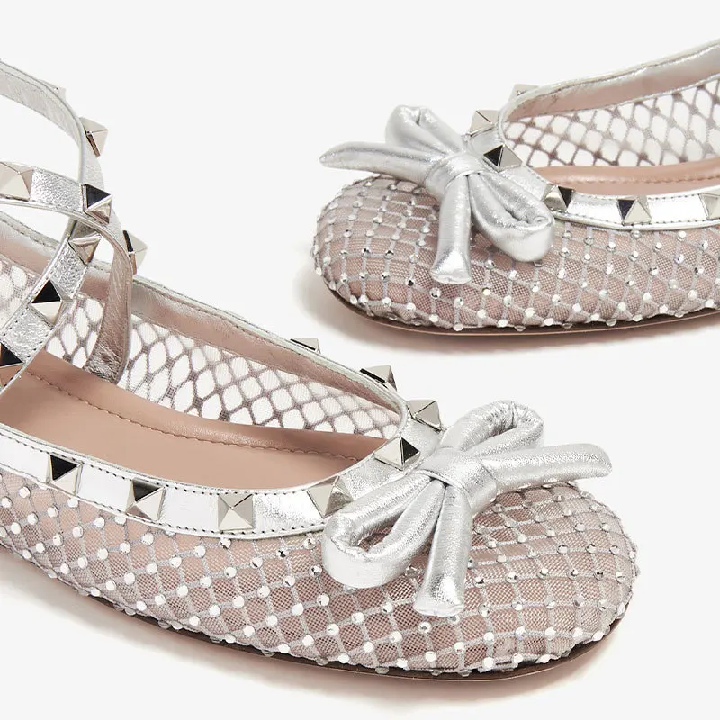 Silvery Diamond Bow Flat Sandals Mesh Riveted Round Head Buckle Sexy Ankle Entanglement Ballet Sandals 36-44 Summer Flat Shoes