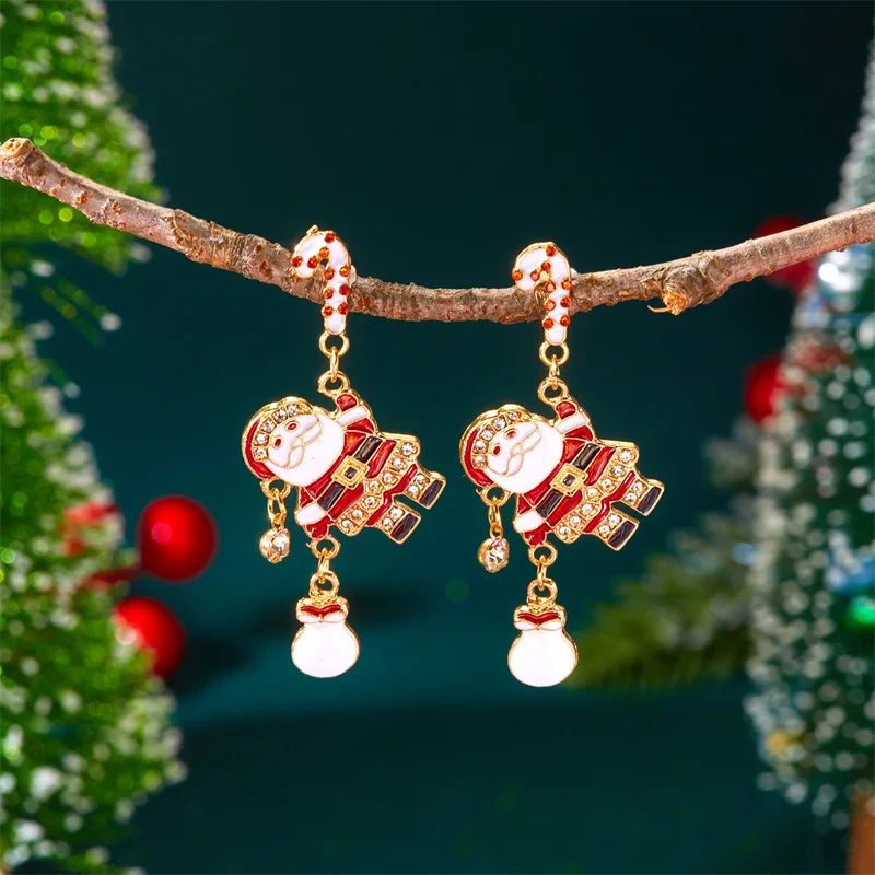Creative Santa Claus Tassel Dangle Earrings for Women Candy Cane Gingerbread Man Zircon Snowflake Earring Christmas Holiday Gift