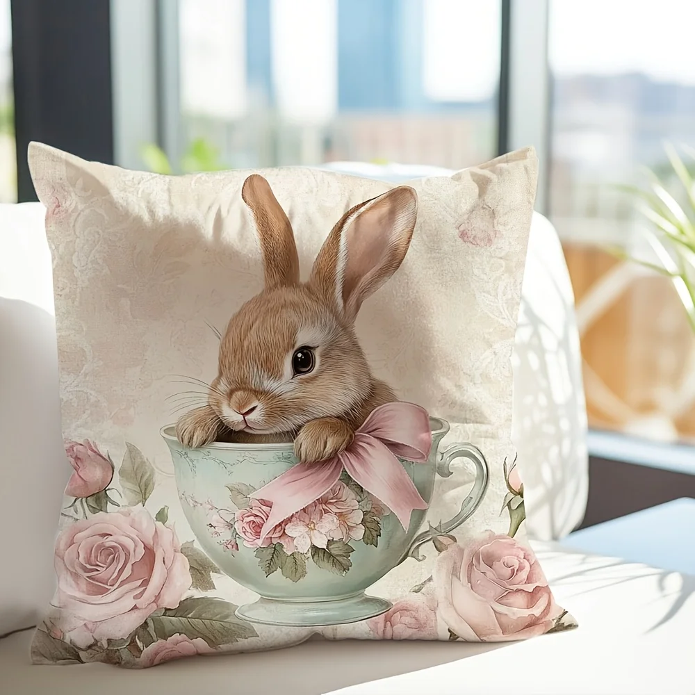 1PC Easter Decorative Pillow Cover, Modern Style, Teacup Bunny with Bow & Floral Decor (Pillow Insert Not Included)