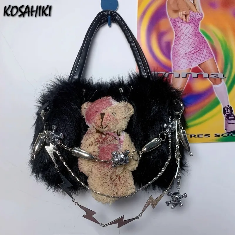 Y2k Aesthetic Gothic Cartoon Bear Women's Handbags Punk Harajuku Fluffy Shoulder Bag Streetwear Ins Skull Chain Top-Handle Bags