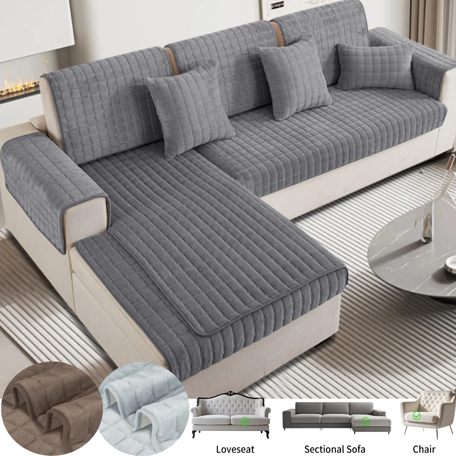 Velvet Plush Plaid Quilted Sofa Cover Super Soft Non Slip Sectional Couch Cover Fluffy Fuzzy Slipcover Furniture Protector