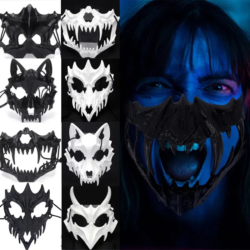 Animal Skeleton Half Mask Women Men Party Stage Show Mask Halloween Carnival Adult Cosplay White Black Wolf Tiger Skeleton Mask