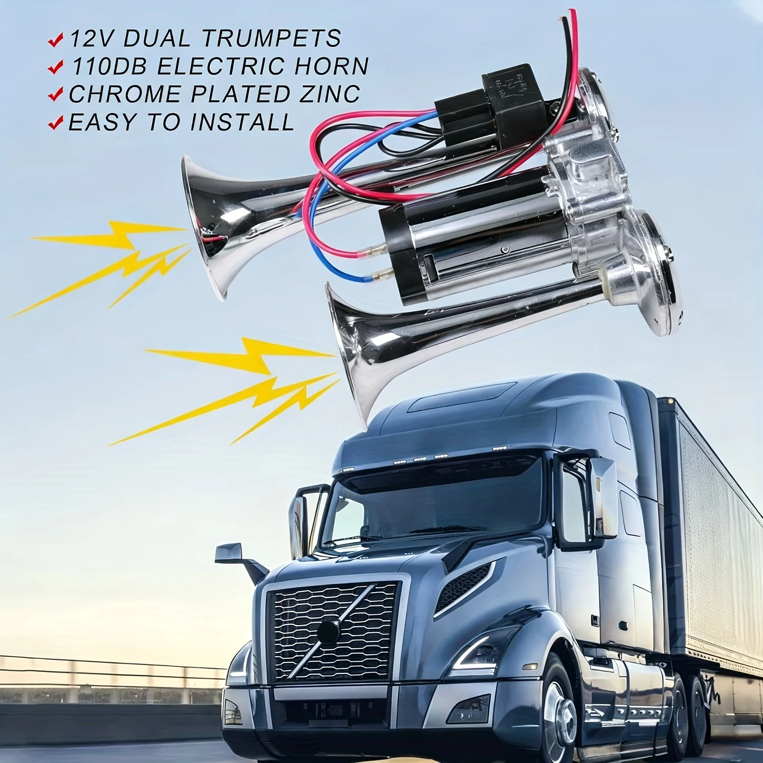 

New 12V 110dB Dual Trumpets Electric Horn Super Loud Air Horn Car Horns Kit with Compressor Replacement for Truck for Boat for Train for Speaker for Cars for Van for Ship Chrome