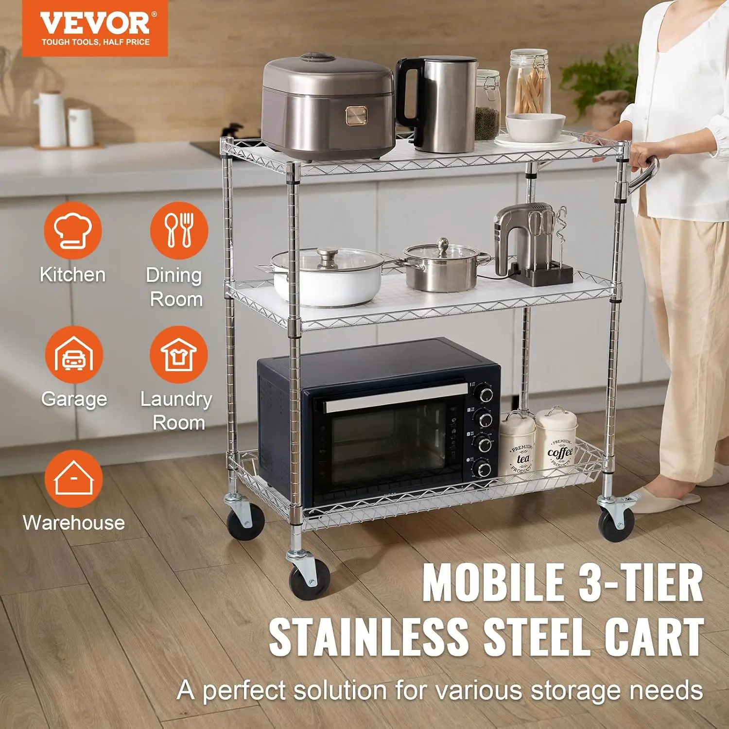 Kitchen Utility Cart, 3 Tiers, Wire Rolling Table with 661 LBS Capacity, Steel Service Desk on Wheels, Metal Storage Trolley wit