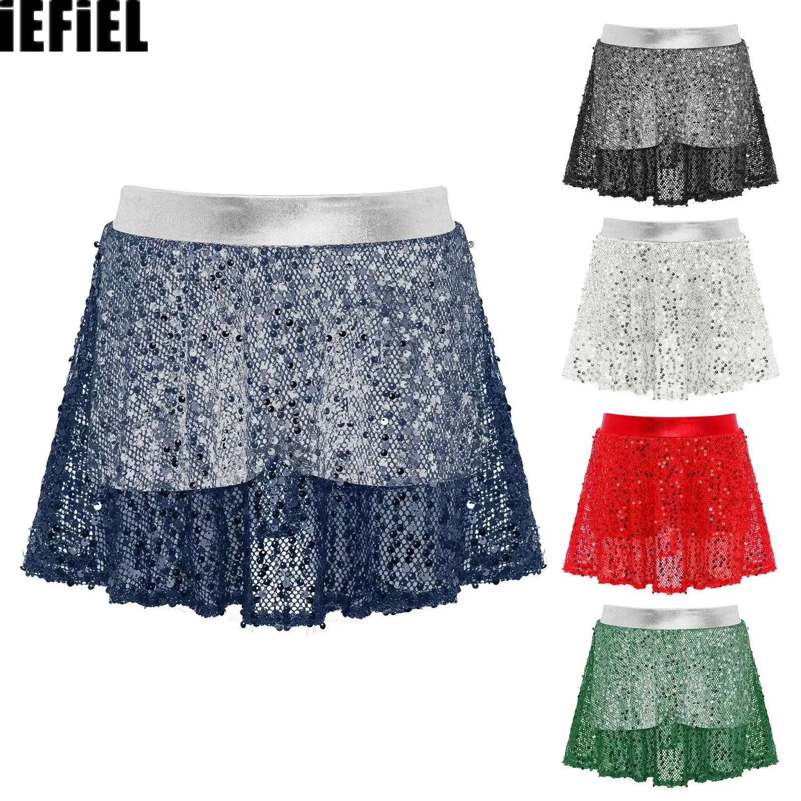 

Kids Girls Sequins Dance Skirts with Built-in Elastic Waistband Metallic Shorts for Dance Performance Party