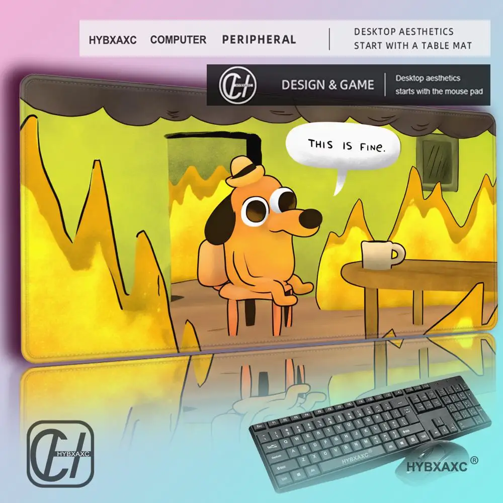 

HYBXAXC This is Fine Meme Desk Mat Dog in Fire Meme Mouse Pad Large Desk Pad Funny Desk Decor