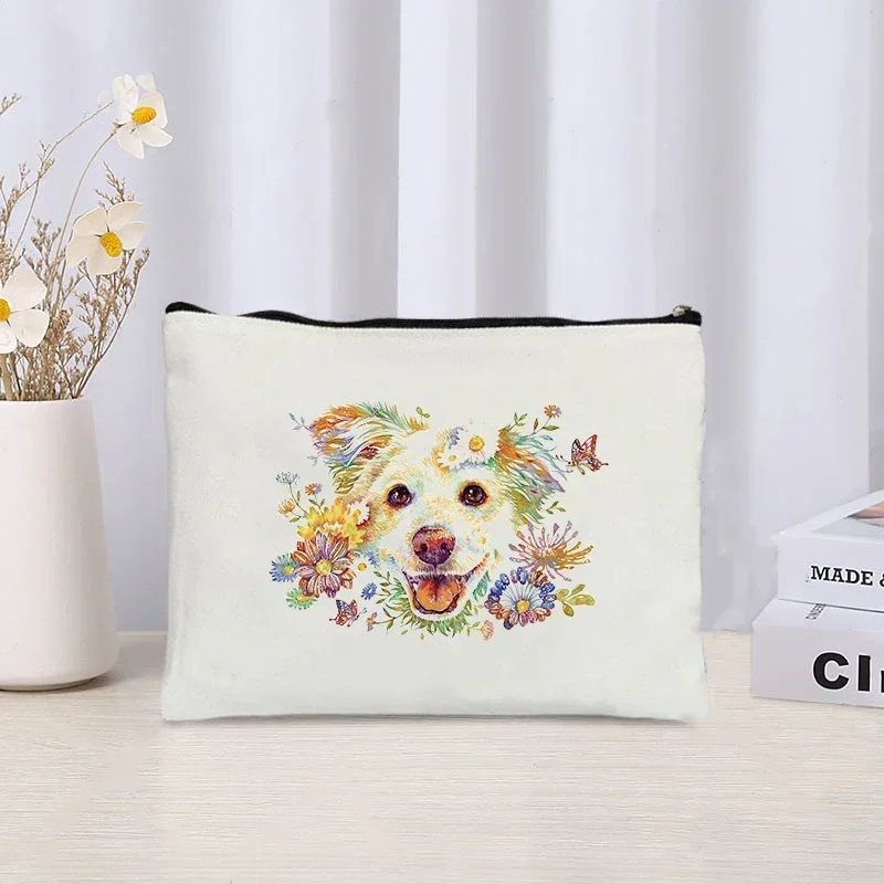 Floral Puppy Cats Makeup Bag Make Up Case Art Aesthetics Animal Cosmetic Zipper Pouch Kawaii Pencil Case Birthday Gift for Girl