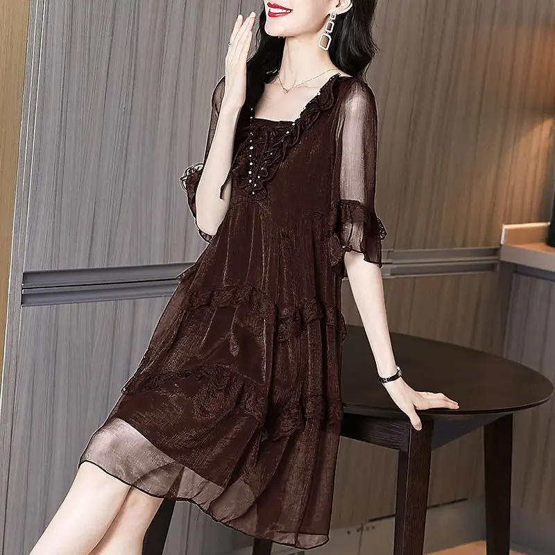 

Women's French A-Line Loose Ruffle Flare Sleeve Dress Summer New Mesh Chiffon Dress