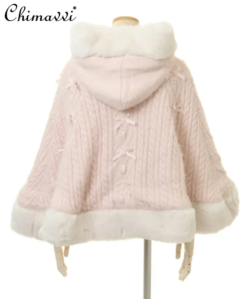 Manteau cape japonais Liz Furry Whole pour femmes, série Sweet Girls, joli nœud, manteau Lolita Kawaii à capuche princesse, automne et hiver