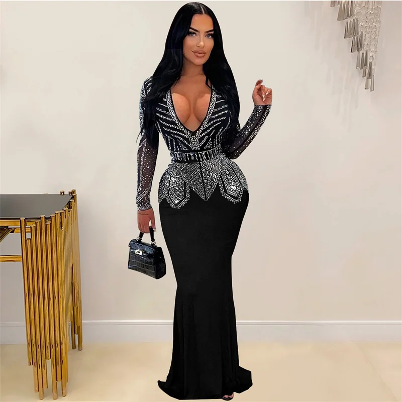 ชุดราตรีประดับเพชรระยิบระยับ Doyerl สำหรับงานวันเกิด ผู้หญิง ชุดราตรีออกงาน แขนยาว คอวี ชุดออกงานกลางคืน ชุดไปงานพรอม