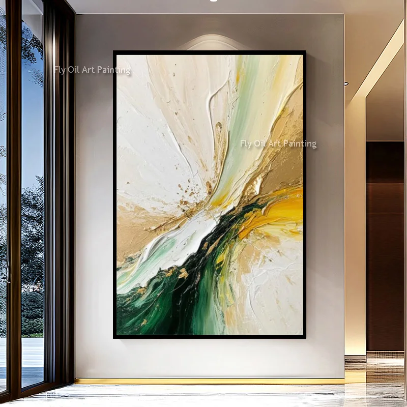 Palette Knife Handmade Swirl Emerald Abstract Canvas Art, Gold Flake Heavy Texture Painting, Modern Luxury Hallway Decoration