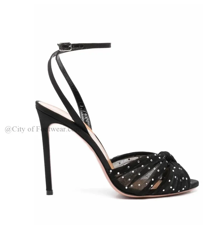 Crystal Lace Black/White Peep Toe Sandals Women's Summer New in Grace Mesh Ankle Strappy High Heels Big Size Party Wedding Shoes