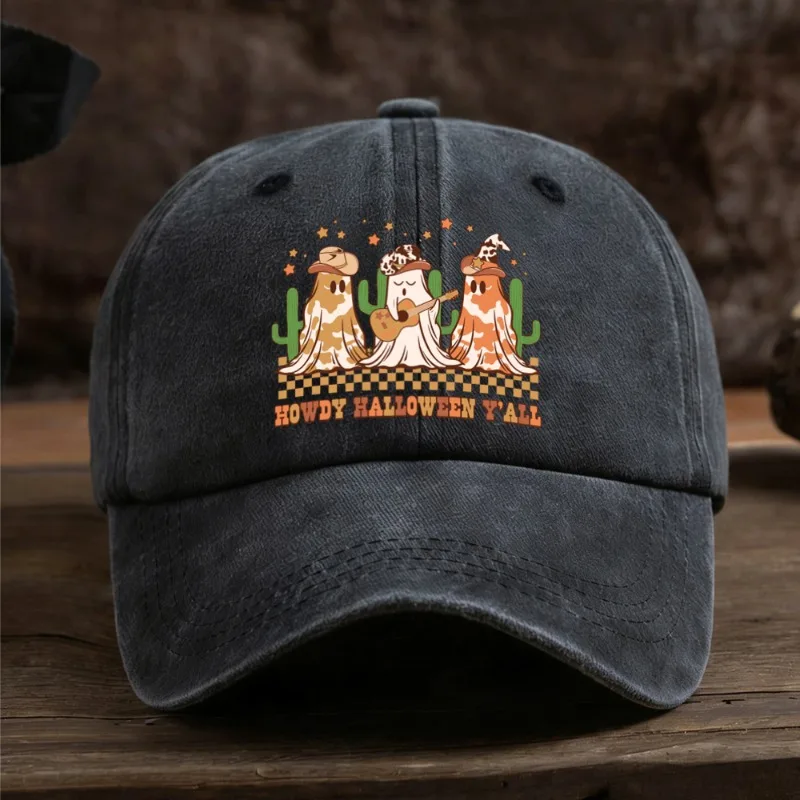 1pc Halloween Washed Baseball Cap Howdy Halloween Y'all Cowboy‑Ghost Artwork Adjustable Hat for Theme Gathering Weekend Matching