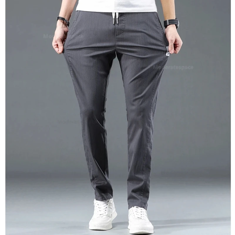 2024 Summer Thin Cotton Men\'s Casual Slim Pants Soft Comfortable Elastic Wrinkle Resistant Drawstring Classic Casual Pants Male