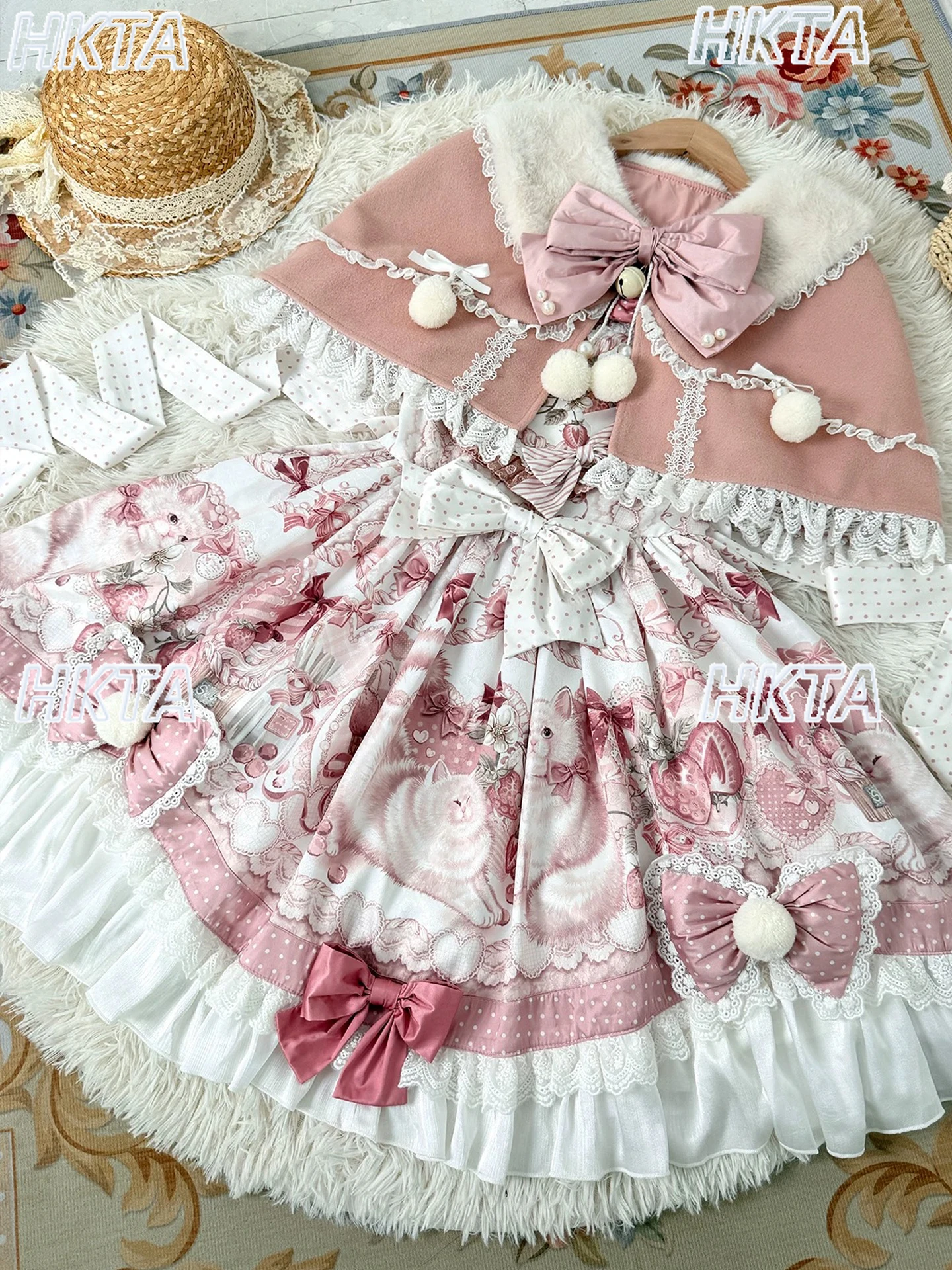 

Lolita Sweet Cute Doll Collar Teen Pink Cape Top Autumn Kawaii Hairball Bow Ruffle Slim Fit High Waist Princess Dress Sets Women