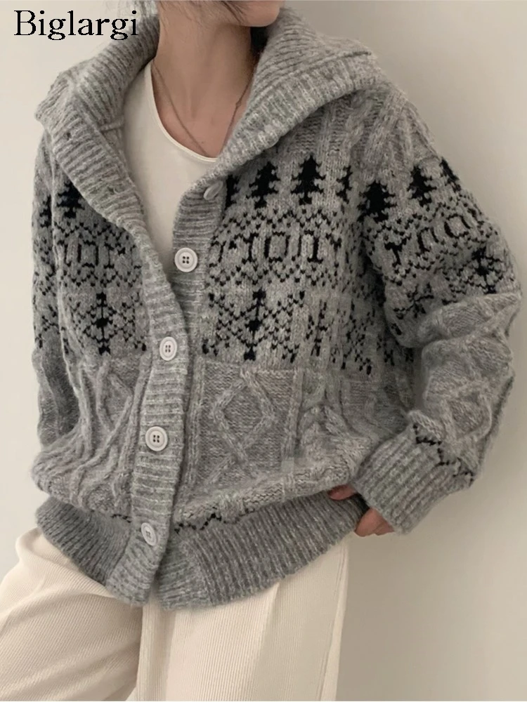 

Knitted Autumn Winter Cardigan Women Floral Print Fashion Korean Style Ladies Cardigans Loose Casual Woman Sweater Coats