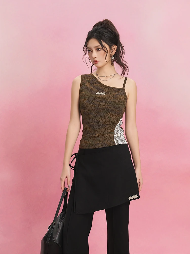 

SOFITTE Retro Patchwork Lace Camouflage Faion Print Asymmetrical oulder Bared Strap Vest Women's Inner Wear Commute Sle