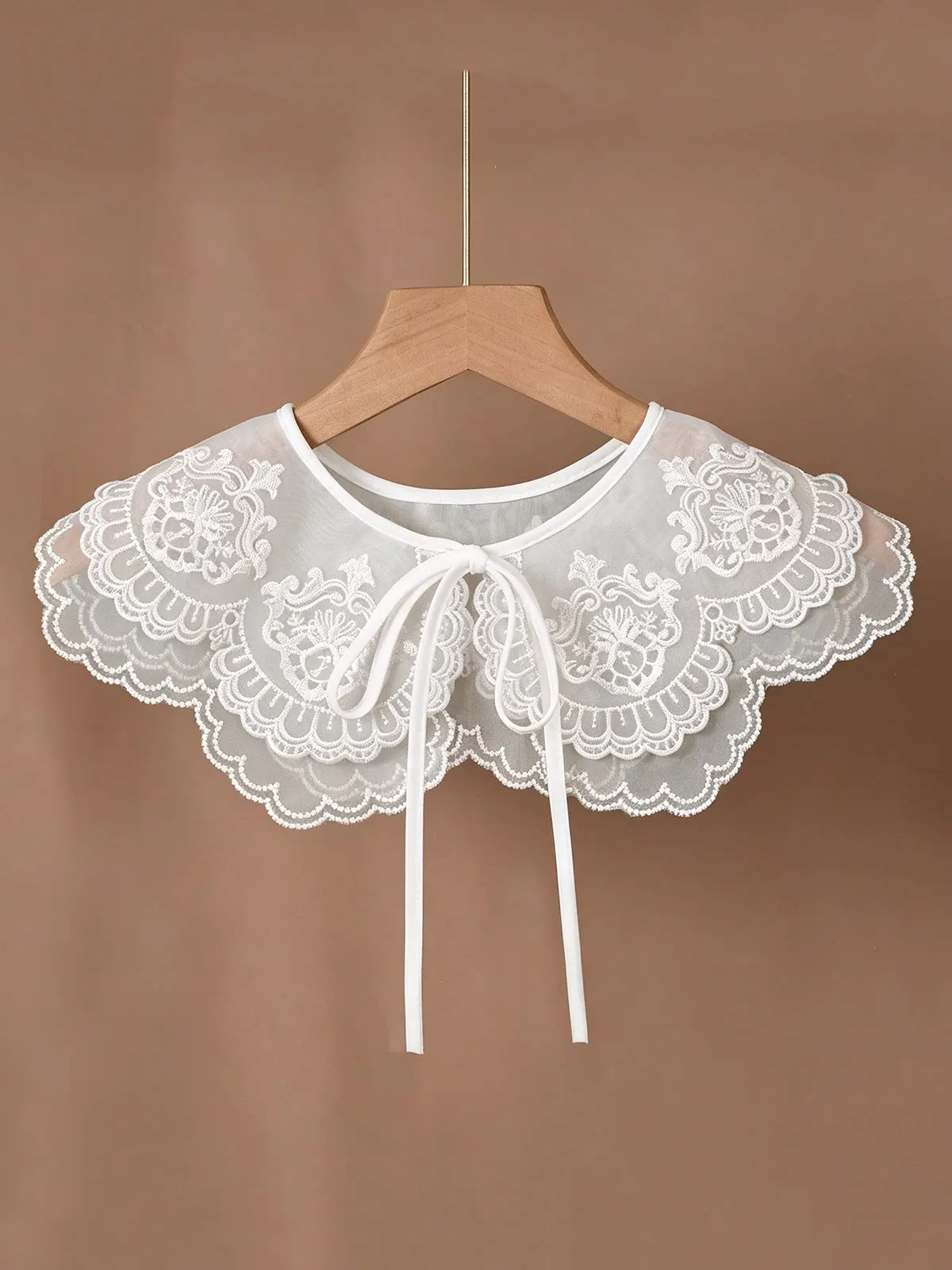 Women White Double Layer Organza Embroidered Detachable Fake Collar Sheer Lace Trim Versatile Layering Accessory Anti Exposure