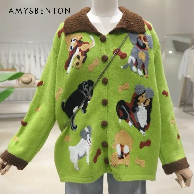 

Popular Retro Lapel Exquisite Flocking Cartoon Knitwear Autumn Winter Loose and Versatile Thickened Warm Sweater Jacket Women