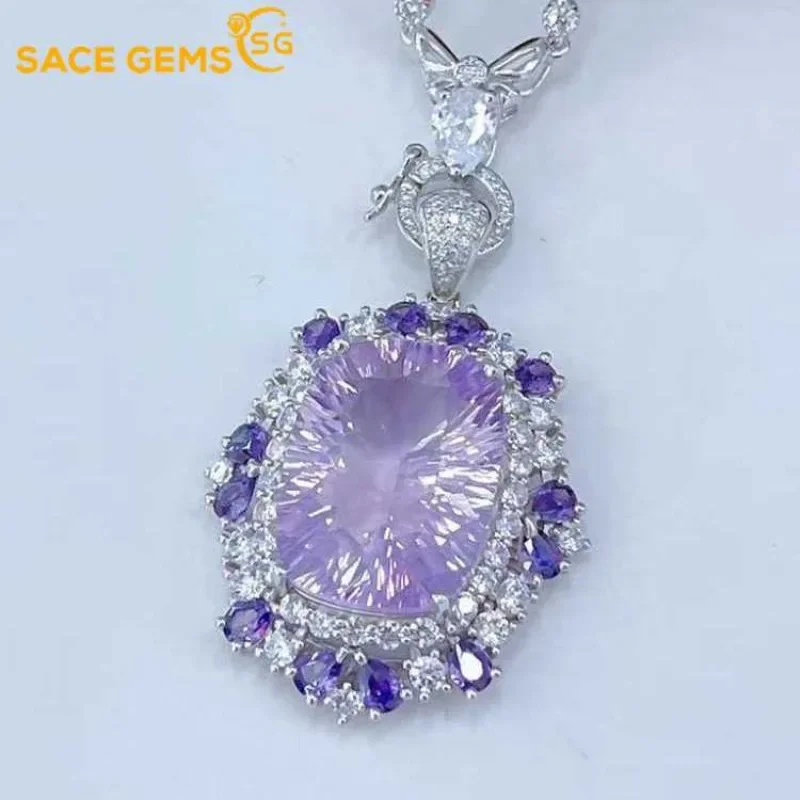 SACE GEMS 925 Sterling Silver Certified 15*20MM Natual Lavender Crystal Pendant Necklace for Women Cocktail Party Fine Jewelry