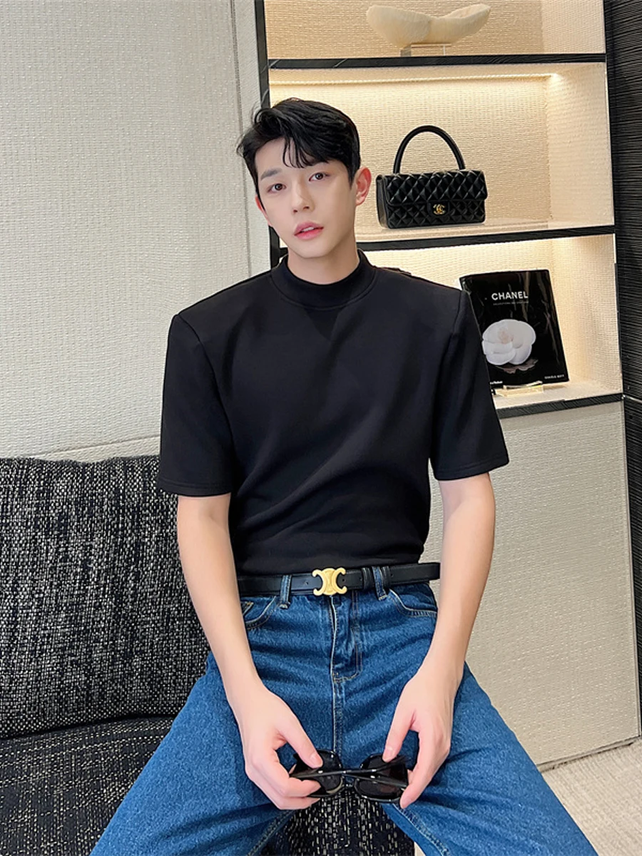 

Корейская футболка с высоким воротником и наплечными накладками, мужская, премиум-класса, плотная (350 г/м²), повседневная, с коротким рукавом, цветная