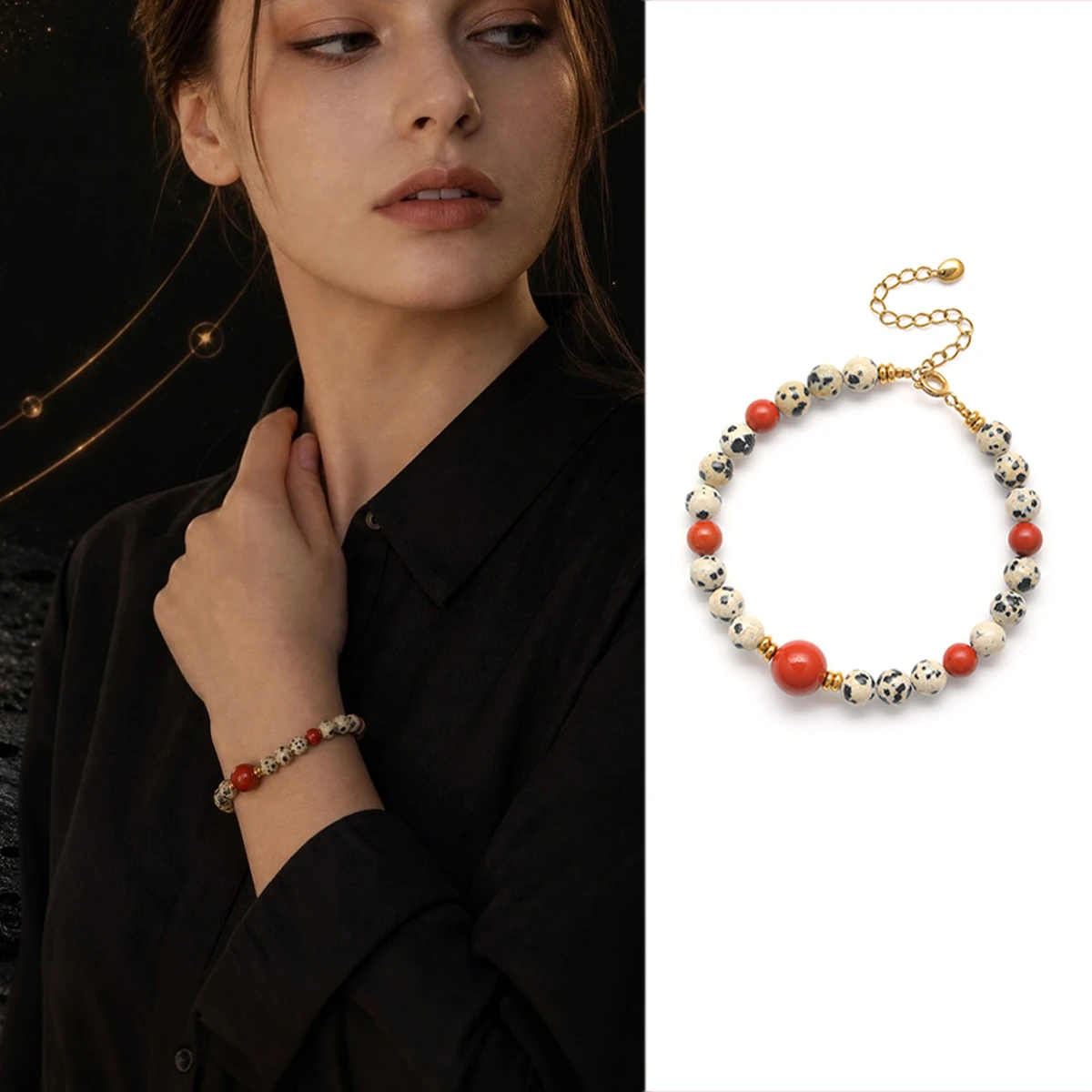 Natural Red Stone Spotted Stone Beaded Bracelet Stainless Steel Spacer Beads Handmade Jewelry Chain Bracelet Gift for Men Women