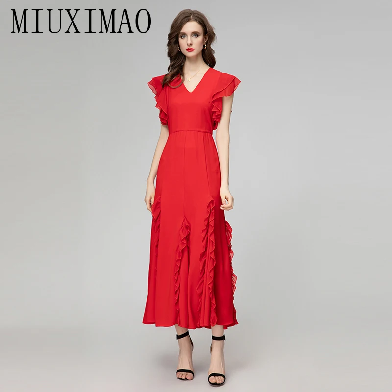 

MIUXIMAO 2024 Summer New Style Elegant Pretty Dress Women's Red V-Neck Splice Irregularity Draped Travel Long Dress Vestides