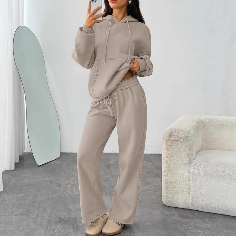 

Женский спортивный костюм с капюшоном: повседневный комплект для дома, свитшот и брюки с широкими штанинами, комплект из двух предметов