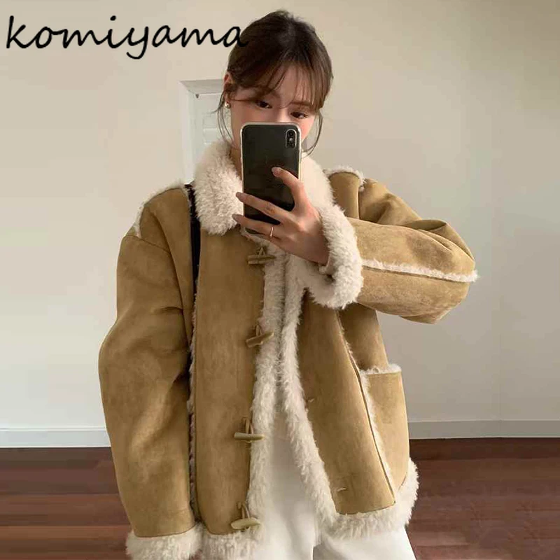 Leather Fur All-in-one Women 2025 Outerwears Horn Button Abrigos Invierno Laple Neck Jacket Winter Chaquetas Mujer Warm Jackets