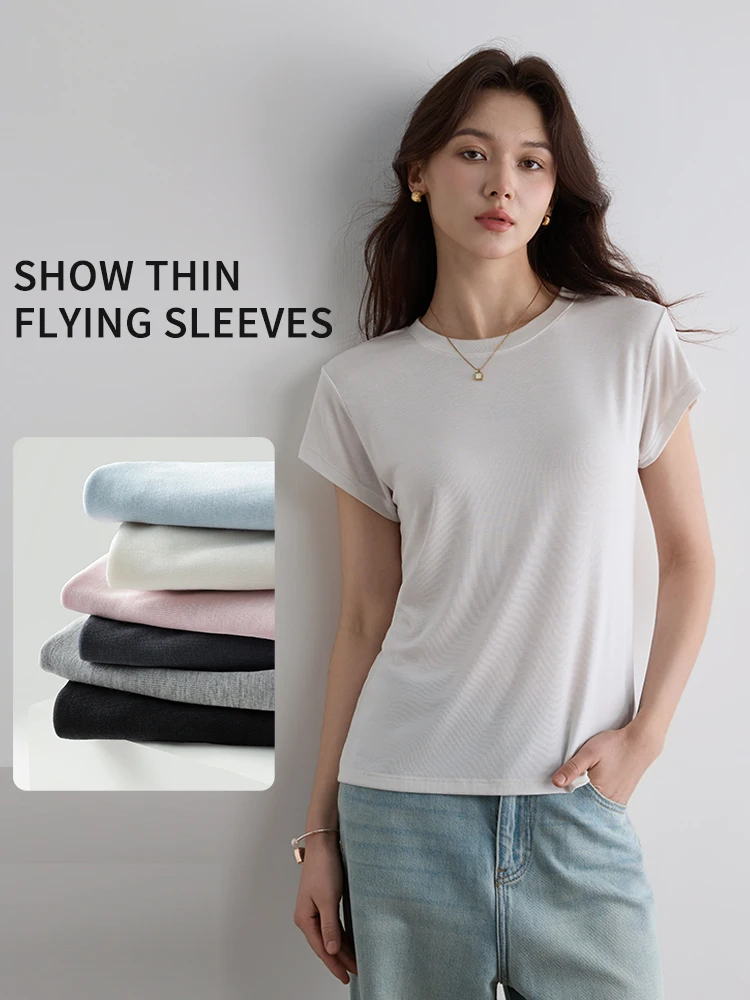 

Casual Chic Lady Fitted Shoulder Tee 2026 Summer New Arrival Flutter Sleeve Slim Breathable Soft Basic Layer Top